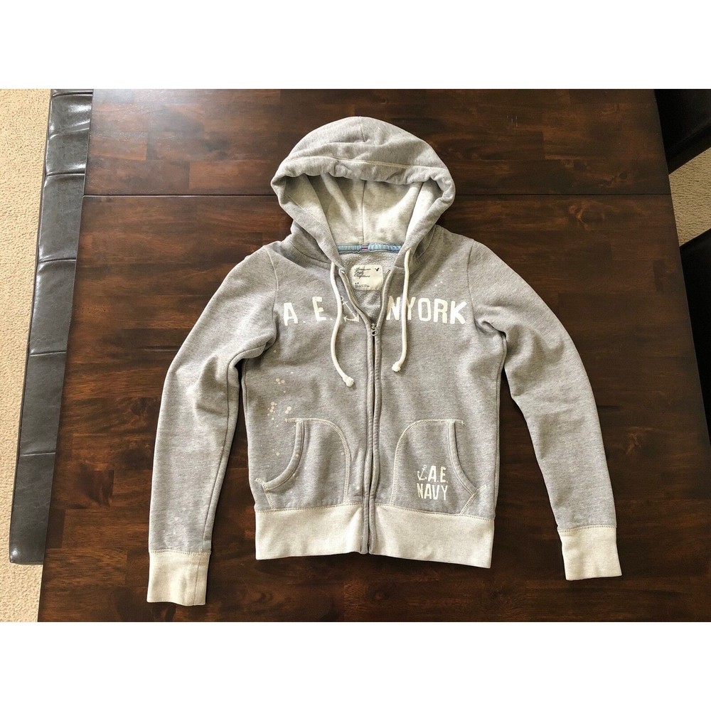 American Eagle Women's Gray Distressed Zip Up Hood Sweater Sweatshirt Hoodie S
